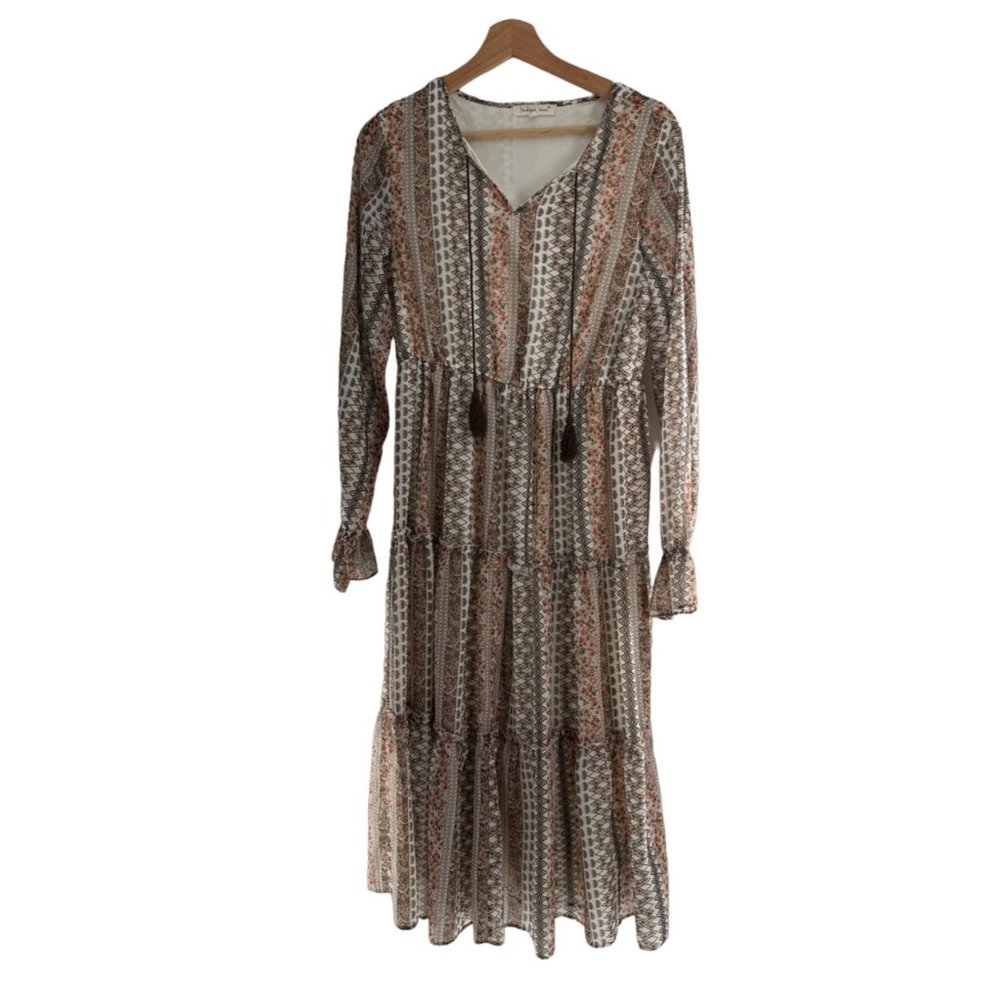 Indigo Soul Womens Boho Floral Geometric Tiered Midi Dress Brown Pink Small